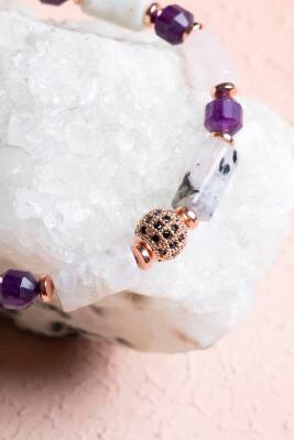 Sertifikalı Ay Taşı, Pembe Kuvars, Ametist Doğal Taş Makrome Bileklik - 4