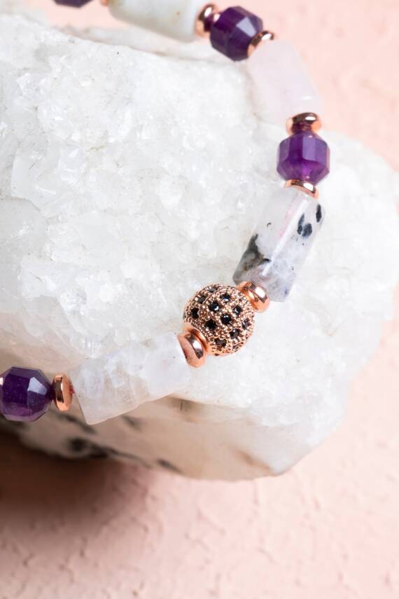 Sertifikalı Ay Taşı, Pembe Kuvars, Ametist Doğal Taş Makrome Bileklik - 4