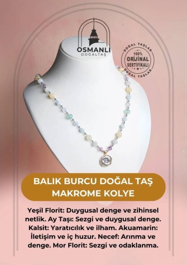 Sertifikalı Balık Burcu Doğal Taş Makrome Kolye - 2