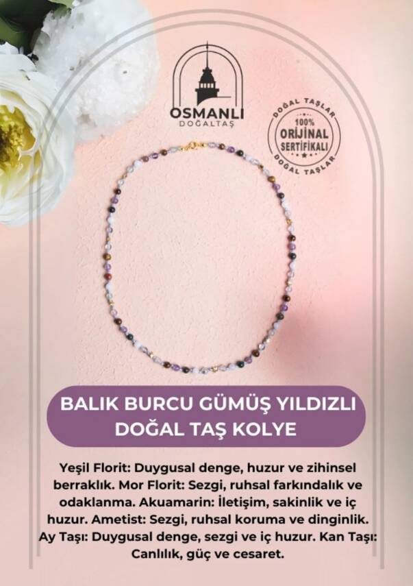 Sertifikalı Balık Burcu Gümüş Yıldızlı Doğal Taş Kolye - 2