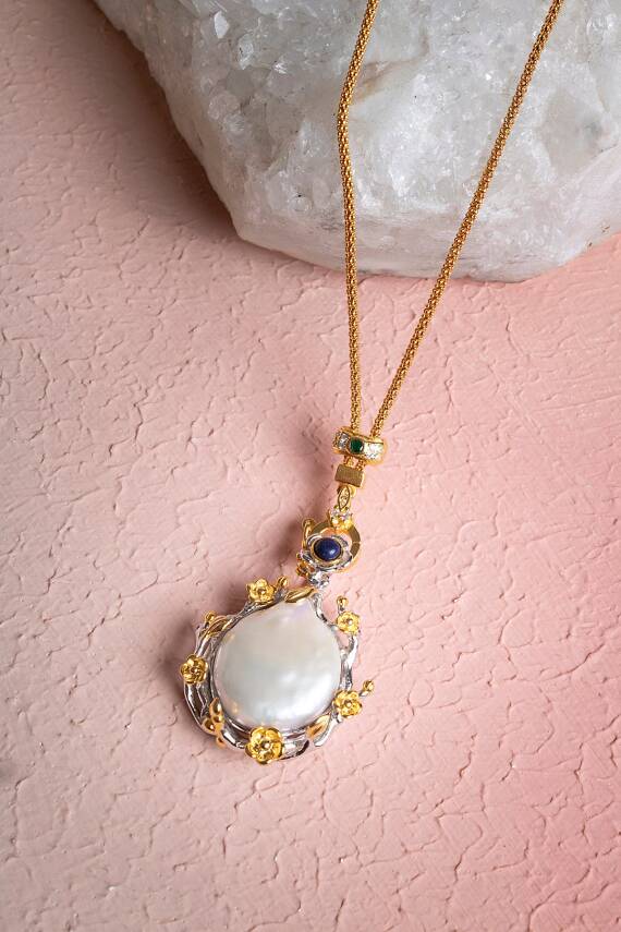 Sertifikalı Barok İnci Altın Kaplama Gümüş Özel Tasarım Doğal Taş Kolye - 4