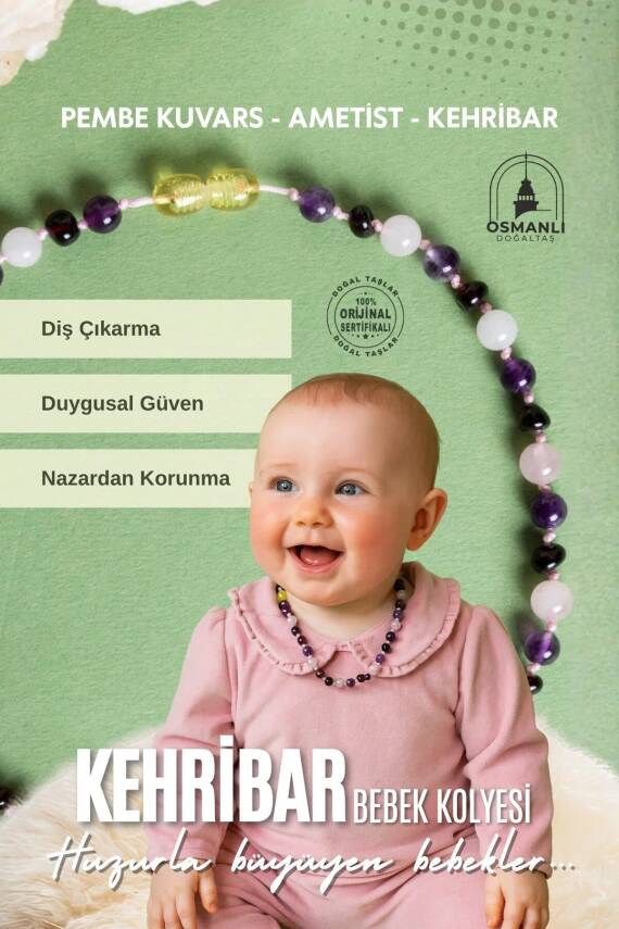Sertifikalı Bebek Kehribar Kolye-ametist-kehribar-pembe Kuvars (33-35 CM) - 1