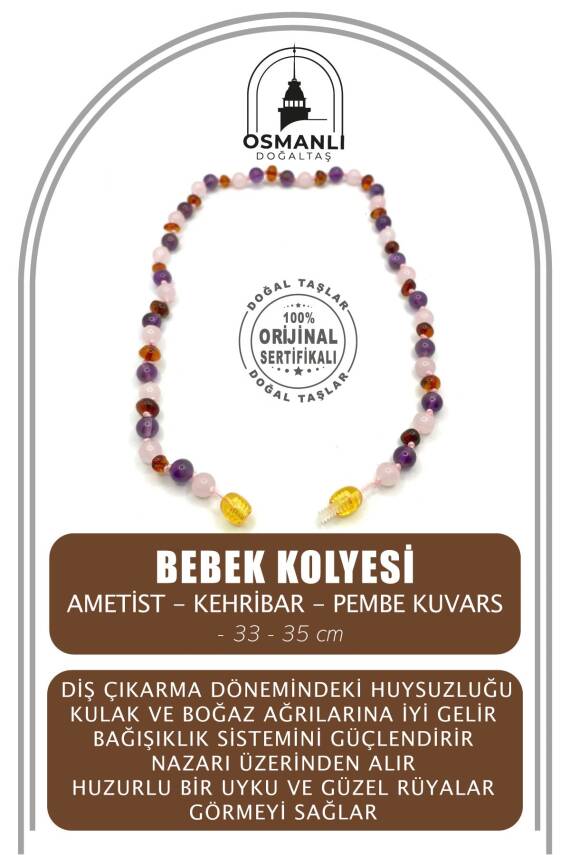 Sertifikalı Bebek Kehribar Kolye-ametist-kehribar-pembe Kuvars (33-35 CM) - 1