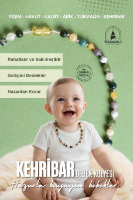 Sertifikalı Bebek Kehribar Kolye-Kehribar, Yeşim, Havlit, Kalsit, Hint Akik, Yosunlu Akik - Osmanlı Doğaltaş