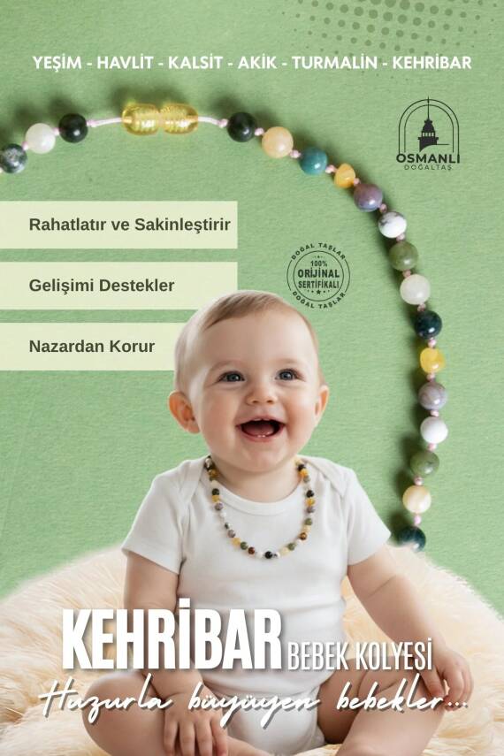 Sertifikalı Bebek Kehribar Kolye-Kehribar, Yeşim, Havlit, Kalsit, Hint Akik, Yosunlu Akik - 1