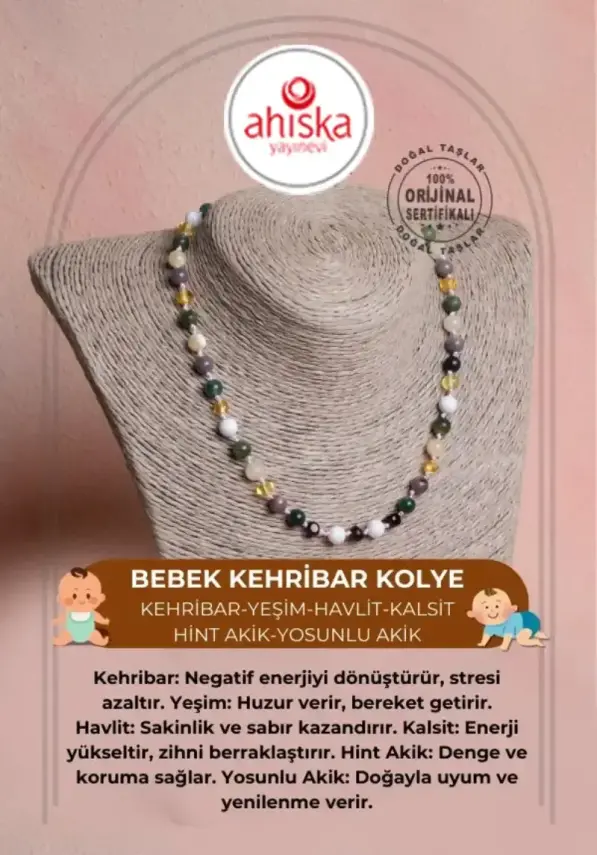 Sertifikalı Bebek Kehribar Kolye-Kehribar, Yeşim, Havlit, Kalsit, Hint Akik, Yosunlu Akik - 1