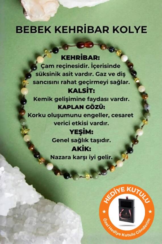 Sertifikalı Bebek Kehribar Kolye Kehribar - Yeşim - Kaplan Gözü - Kahve Göz Akik- Kalsit - 1