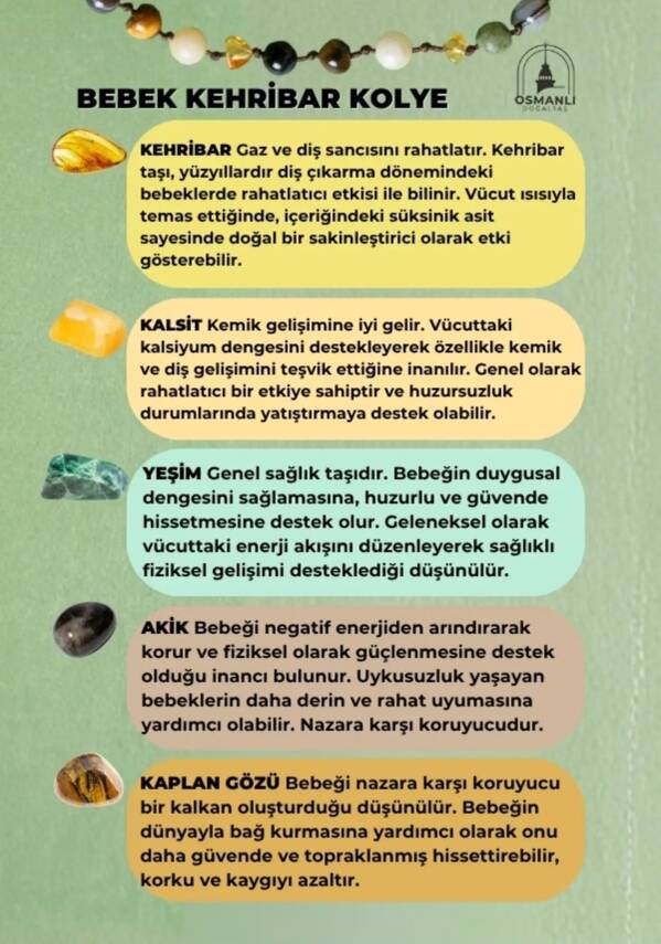 Sertifikalı Bebek Kehribar Kolye Kehribar - Yeşim - Kaplan Gözü - Kahve Göz Akik- Kalsit - 2