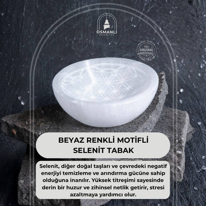 Sertifikalı Beyaz Motifli Selenit Tabak - 2