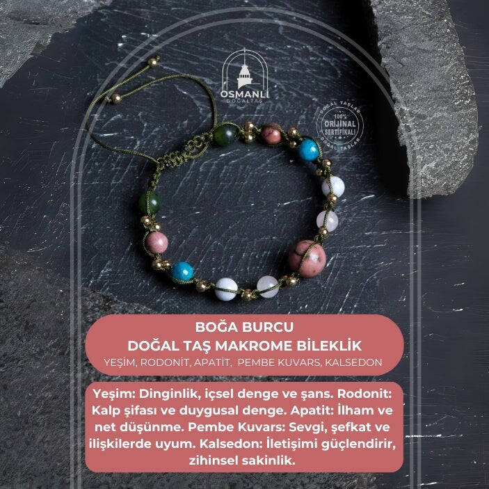 Sertifikalı Boğa Burcu Doğal Taş Makrome Bileklik - 2
