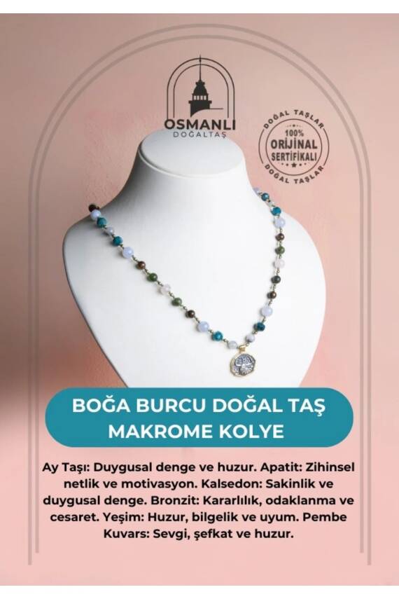 Sertifikalı Boğa Burcu Doğal Taş Makrome Kolye - 2