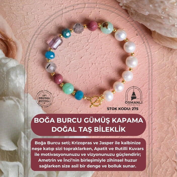 Sertifikalı Boğa Burcu Gümüş Kapama Doğal Taş Bileklik (SK:275) - 2