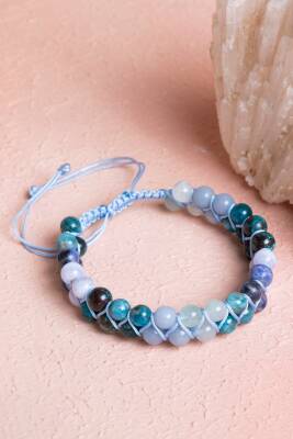 Sertifikalı Boğaz Çakrası Çift Sıra Doğal Taş Makrome Bileklik - Osmanlı Doğal Taş