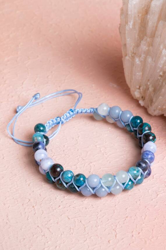 Sertifikalı Boğaz Çakrası Çift Sıra Doğal Taş Makrome Bileklik - 1