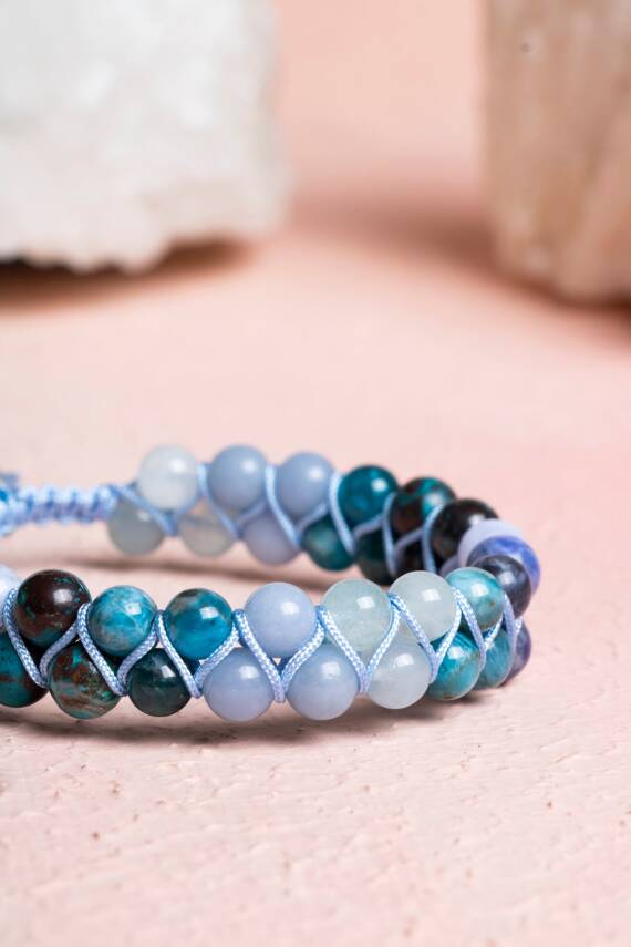 Sertifikalı Boğaz Çakrası Çift Sıra Doğal Taş Makrome Bileklik - 2