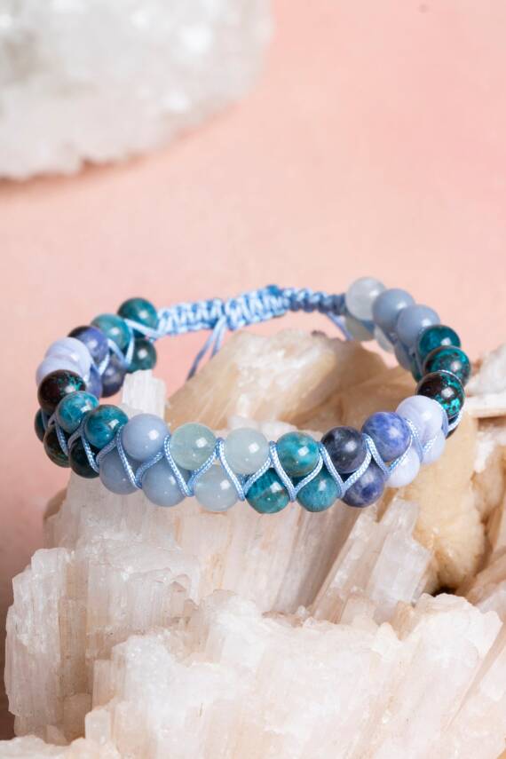 Sertifikalı Boğaz Çakrası Çift Sıra Doğal Taş Makrome Bileklik - 3