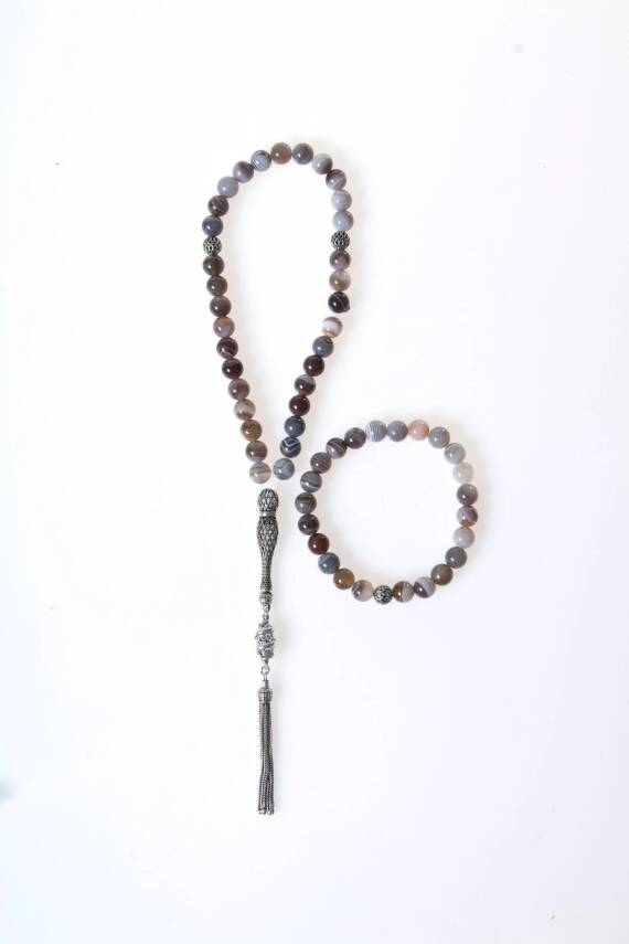 Sertifikalı Bostwana Akik 925 Ayar Gümüş 8 mm İmameli Tesbih & Bileklik Seti - 1