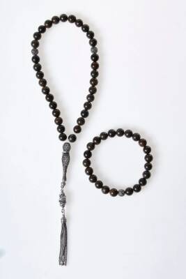 Sertifikalı Bronzit 925 Ayar Gümüş 8 mm İmameli Tesbih & Bileklik Seti - Osmanlı Doğal Taş