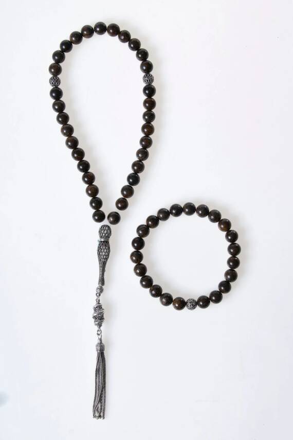 Sertifikalı Bronzit 925 Ayar Gümüş 8 mm İmameli Tesbih & Bileklik Seti - 1