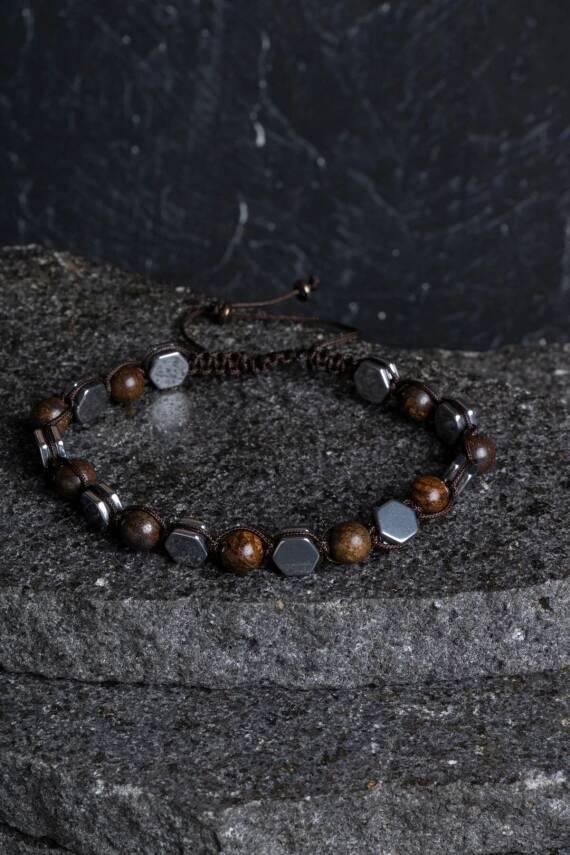 Sertifikalı Bronzit, Hematit Doğal Taş Makrome Bileklik - 1