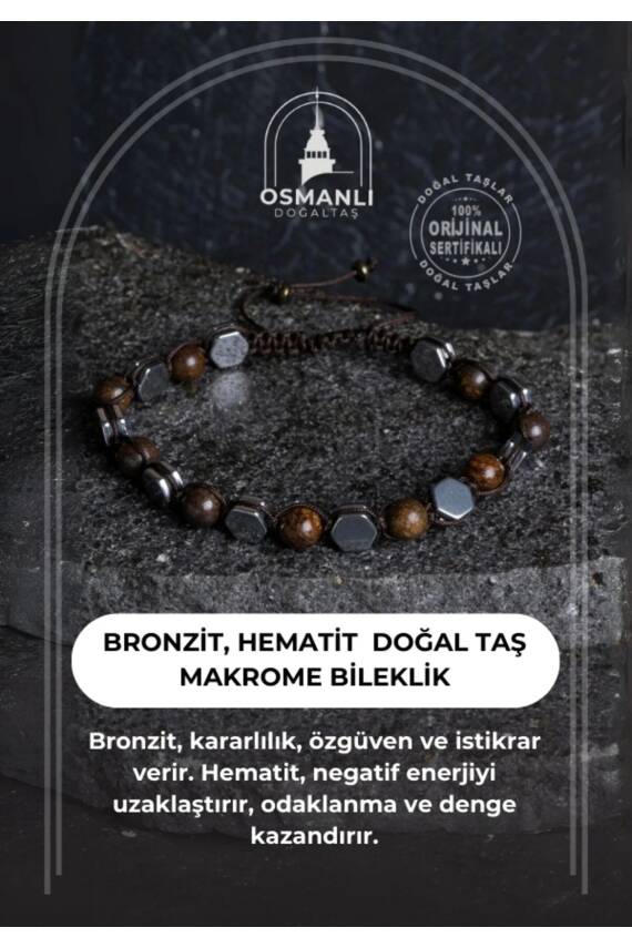 Sertifikalı Bronzit, Hematit Doğal Taş Makrome Bileklik - 2