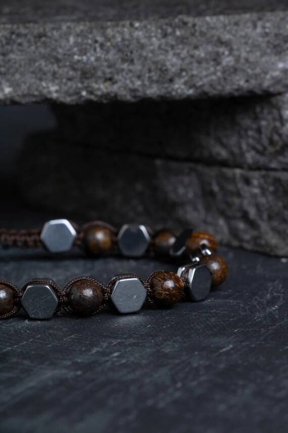 Sertifikalı Bronzit, Hematit Doğal Taş Makrome Bileklik - 3