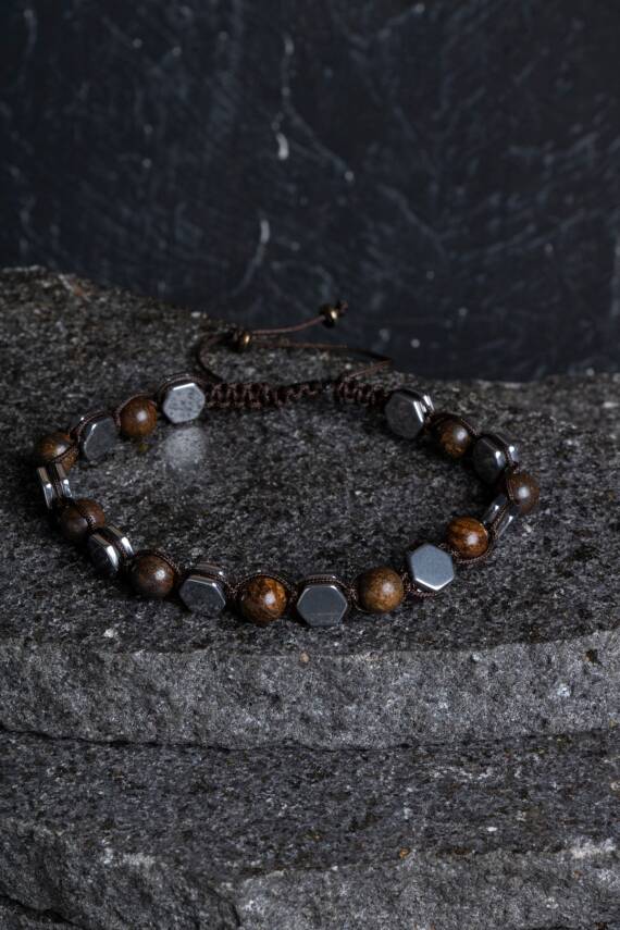 Sertifikalı Bronzit, Hematit Doğal Taş Makrome Bileklik - 1