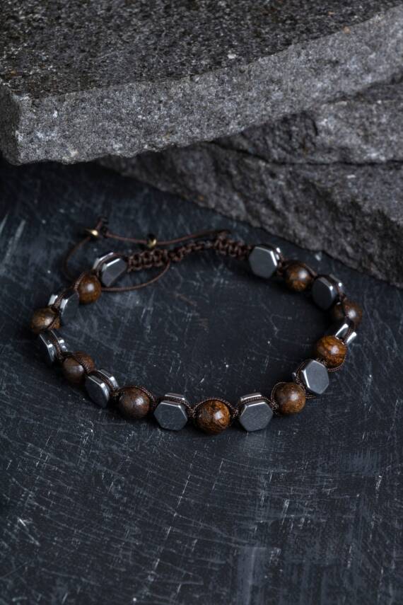 Sertifikalı Bronzit, Hematit Doğal Taş Makrome Bileklik - 2