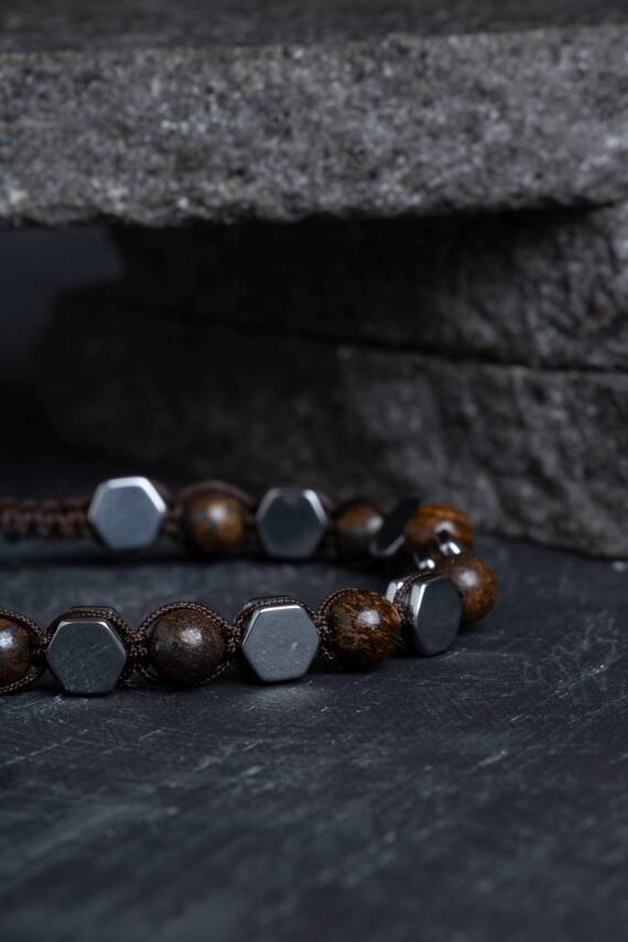 Sertifikalı Bronzit, Hematit Doğal Taş Makrome Bileklik - 3