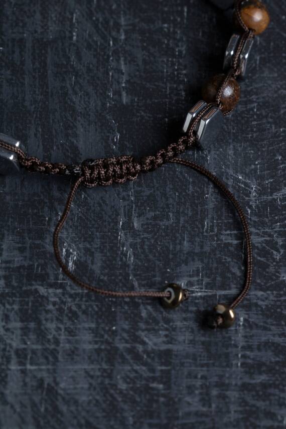 Sertifikalı Bronzit, Hematit Doğal Taş Makrome Bileklik - 4