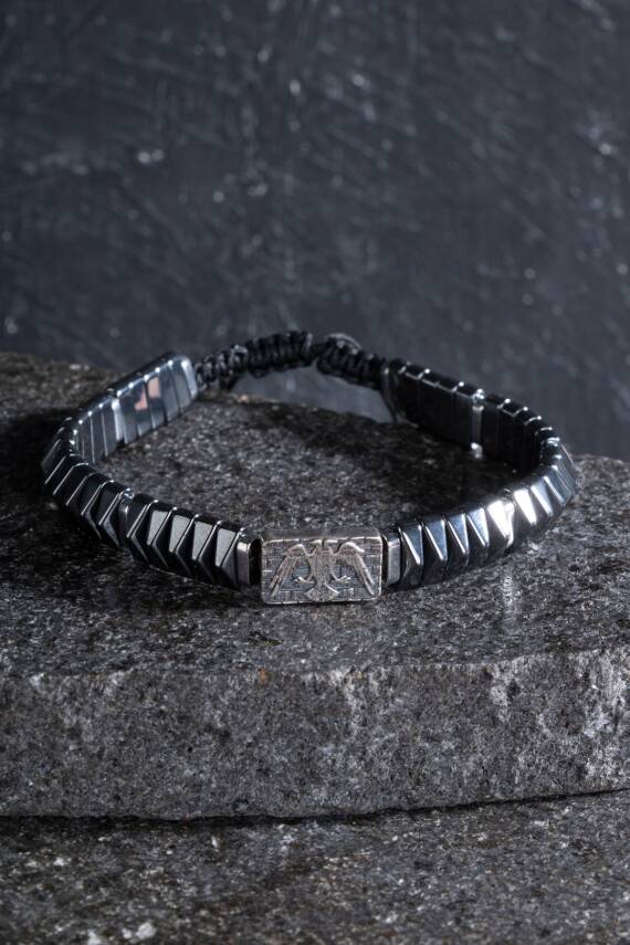 Sertifikalı Çift Başlı Selçuklu Kartal Gümüş Aparatlı Hematit Doğal Taş Makrome Bileklik - 1