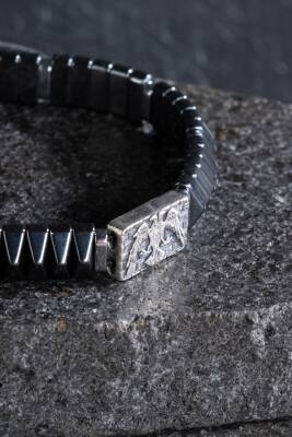 Sertifikalı Çift Başlı Selçuklu Kartal Gümüş Aparatlı Hematit Doğal Taş Makrome Bileklik - 2