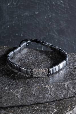 Sertifikalı Çift Başlı Selçuklu Kartal Gümüş Aparatlı Hematit Doğal Taş Makrome Bileklik - 5