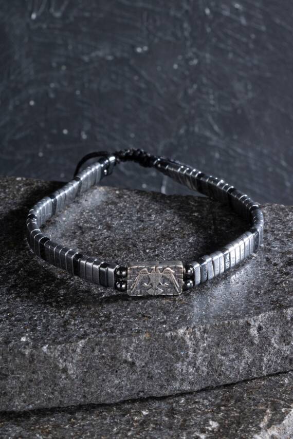 Sertifikalı Çift Başlı Selçuklu Kartal Gümüş Aparatlı Hematit Doğal Taş Makrome Bileklik - 5