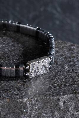 Sertifikalı Çift Başlı Selçuklu Kartal Gümüş Aparatlı Hematit Doğal Taş Makrome Bileklik - 6