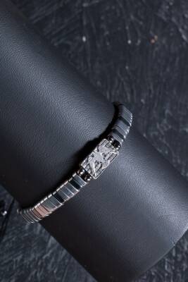 Sertifikalı Çift Başlı Selçuklu Kartal Gümüş Aparatlı Hematit Doğal Taş Makrome Bileklik - 7