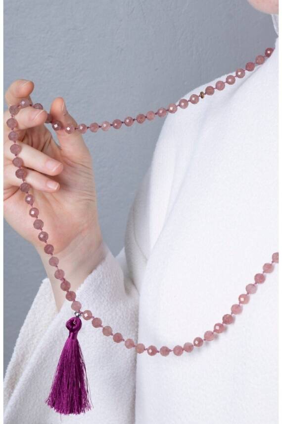 Sertifikalı Çilek Kuvars Elmas Kesim Fasetli Doğal Taş Tesbih Kolye 99luk - 8mm (SK:403) - 3