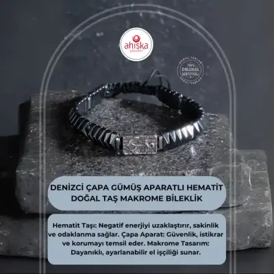 Sertifikalı Denizci Çapa Gümüş Aparatlı Hematit Doğal Taş Makrome Bileklik - Doğal Taş (1)