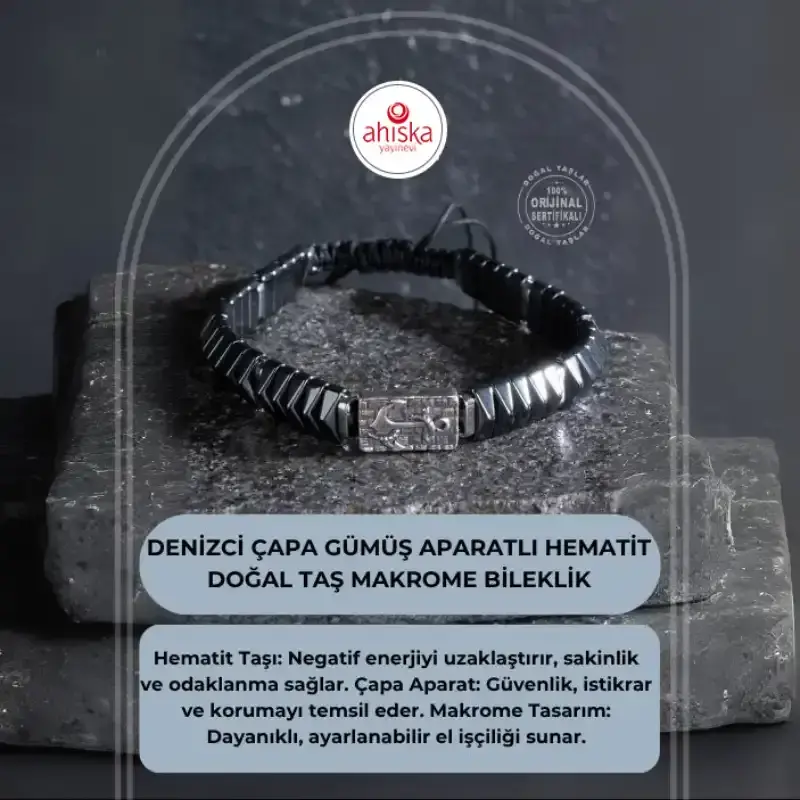 Sertifikalı Denizci Çapa Gümüş Aparatlı Hematit Doğal Taş Makrome Bileklik - 2