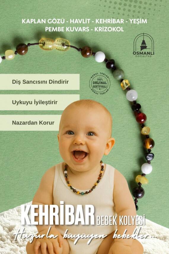 Sertifikalı Doğal Taş Bebek Kolye - Kehribar, Yeşim, Kaplan Gözü, Akik, Havlit, Krizokol, Pembe Kuvars - 1