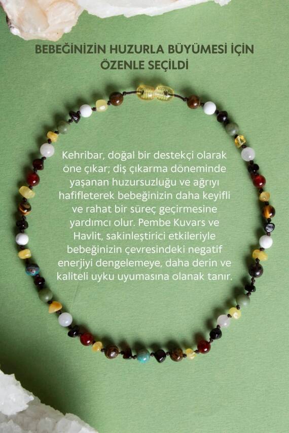 Sertifikalı Doğal Taş Bebek Kolye - Kehribar, Yeşim, Kaplan Gözü, Akik, Havlit, Krizokol, Pembe Kuvars - 2