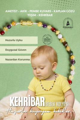 Sertifikalı Doğal Taş Bebek Kolye - Kehribar, Yeşim, Kaplan Gözü, Ametist, Pembe Kuvars, Akik - Osmanlı Doğaltaş