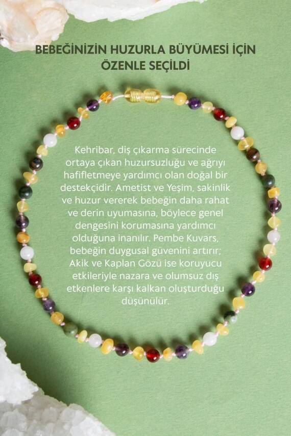 Sertifikalı Doğal Taş Bebek Kolye - Kehribar, Yeşim, Kaplan Gözü, Ametist, Pembe Kuvars, Akik - 3