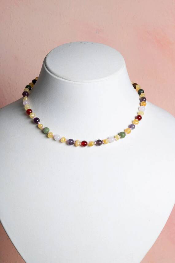 Sertifikalı Doğal Taş Bebek Kolye - Kehribar, Yeşim, Kaplan Gözü, Ametist, Pembe Kuvars, Akik - 4