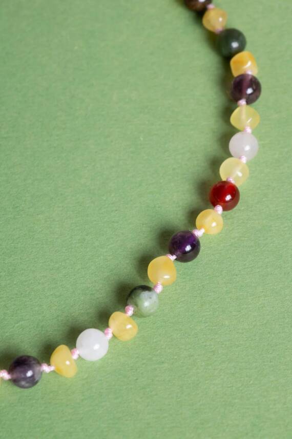 Sertifikalı Doğal Taş Bebek Kolye - Kehribar, Yeşim, Kaplan Gözü, Ametist, Pembe Kuvars, Akik - 5