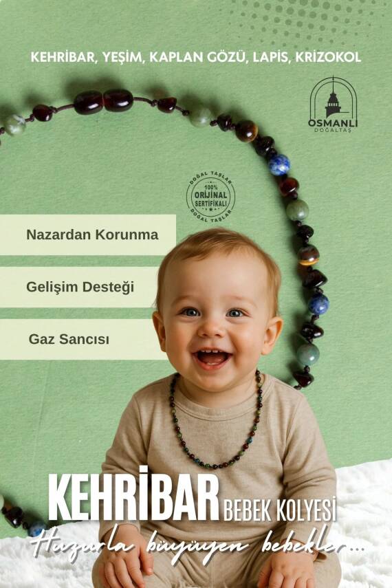 Sertifikalı Doğal Taş Bebek Kolye-yeşim,lapis,kehribar,kaplan Gözü,krizokol M106 - 1