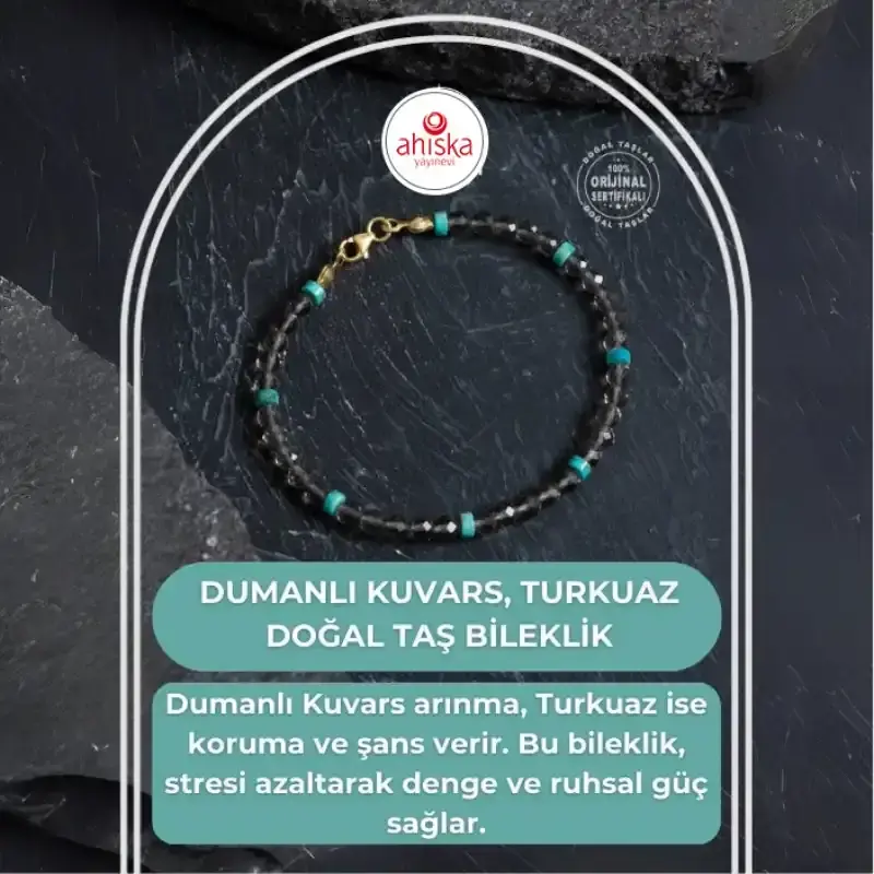 Sertifikalı Dumanlı Kuvars, Turkuaz Doğal Taş Bileklik - 2