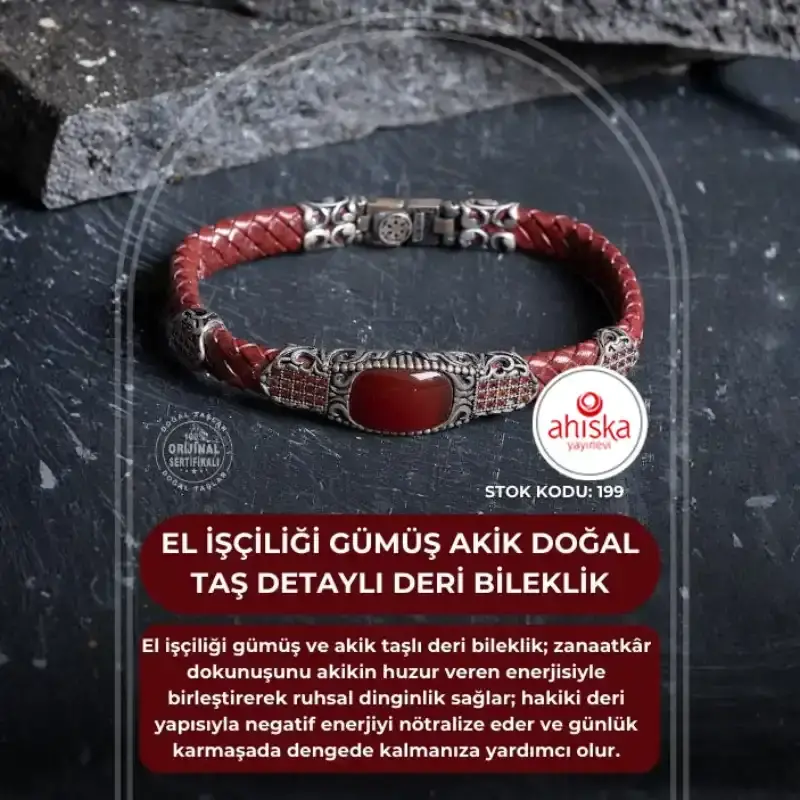 Sertifikalı El İşçiliği Gümüş Akik Doğal Taş Detaylı Deri Bileklik (SK199) - 2