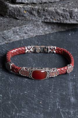 Sertifikalı El İşçiliği Gümüş Akik Doğal Taş Detaylı Deri Bileklik (SK:199) - Osmanlı Doğal Taş