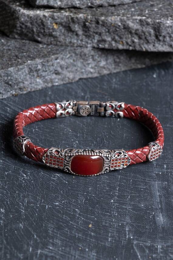 Sertifikalı El İşçiliği Gümüş Akik Doğal Taş Detaylı Deri Bileklik (SK:199) - 1